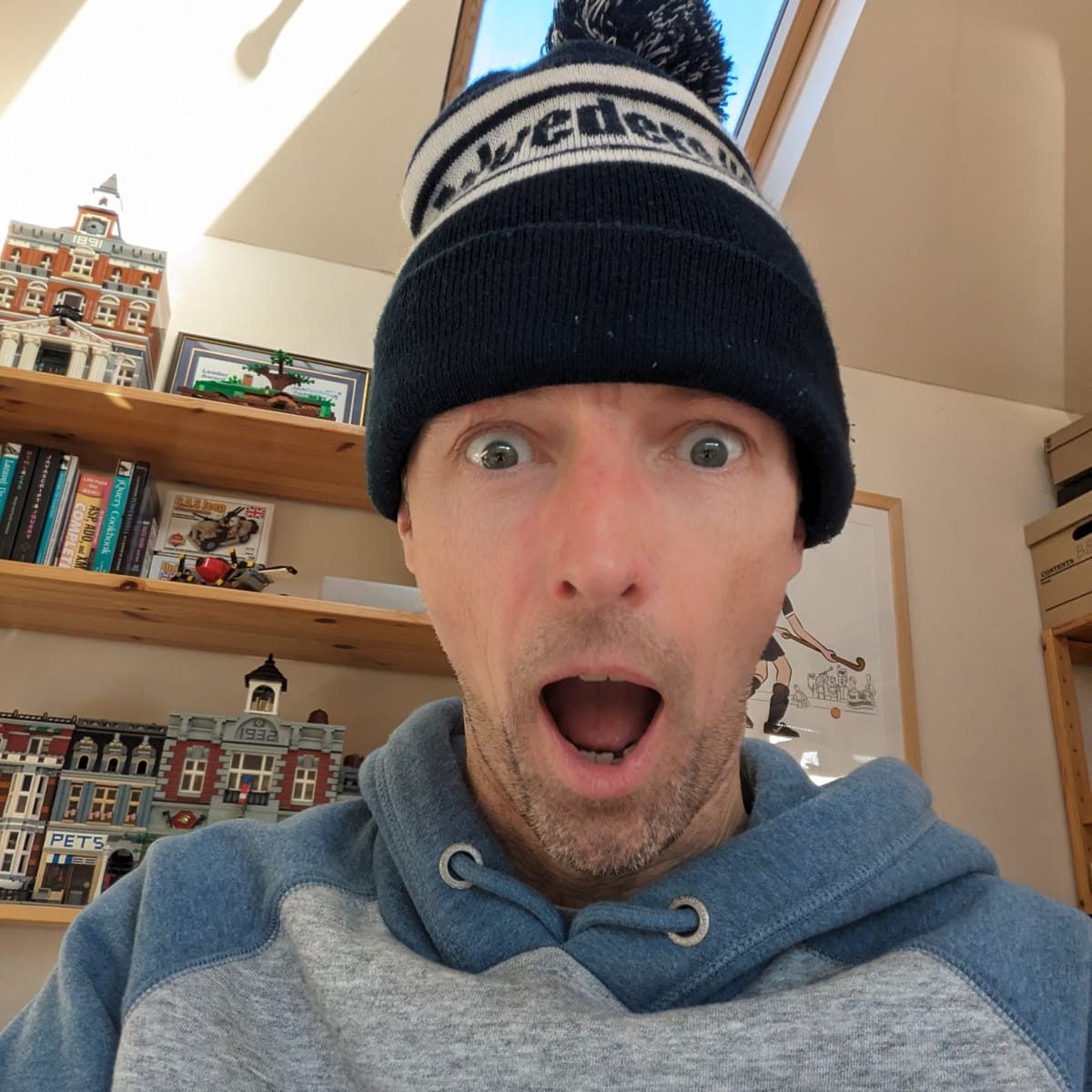 Dan wearing his favourite hat (blue and white wooly hat - it's a Belvedere Hockey Club hat)
