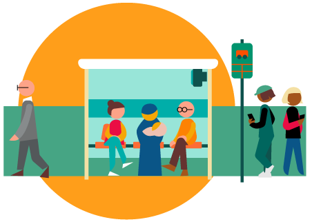 Waiting for the bus (illustration - 3 people sit in the bus shelter while two more are standing, looking at their phones)